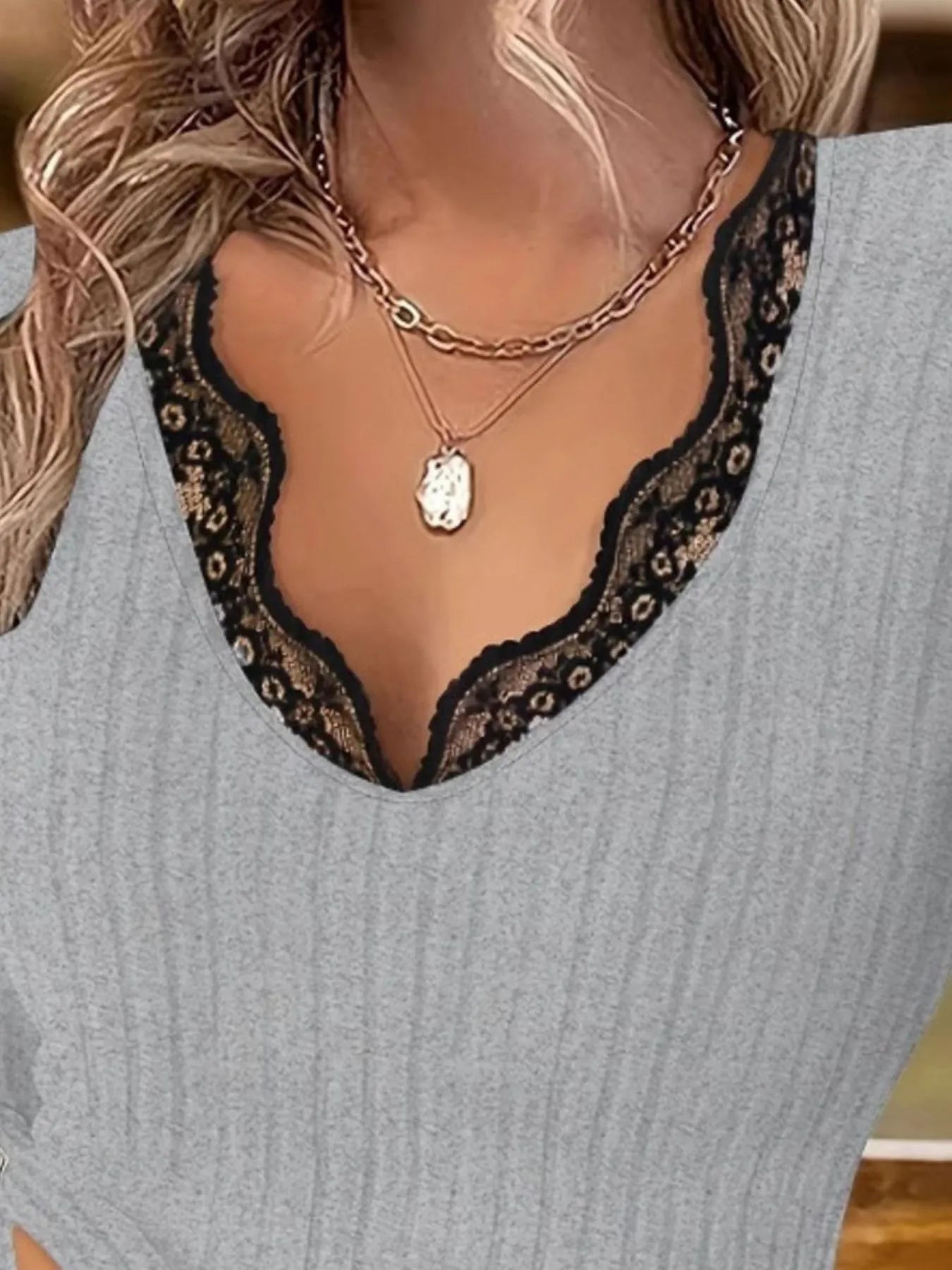 Trendsi Full Size Ribbed V-Neck Lace Trim Long Sleeve T-Shirt Plus Size