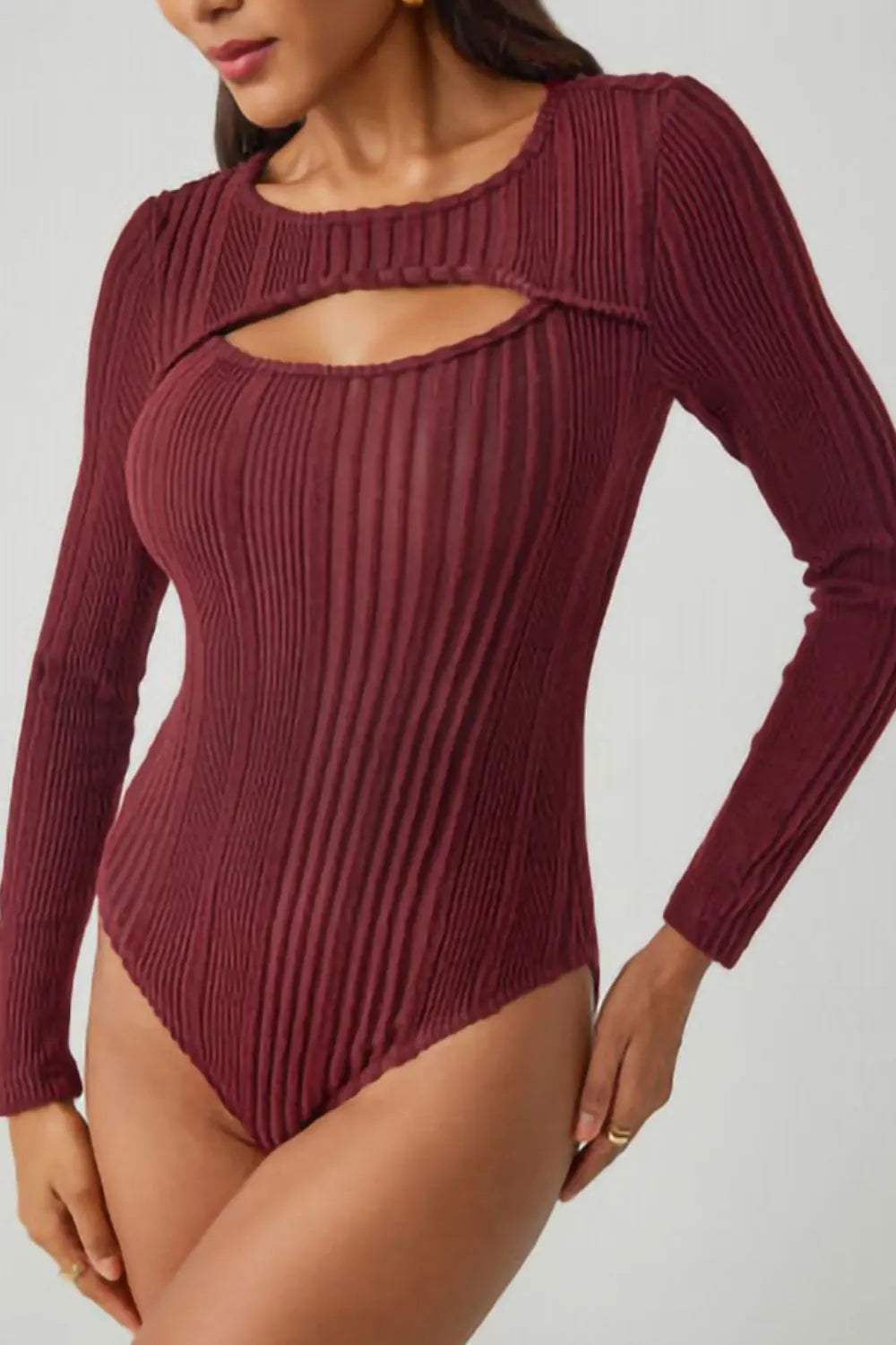Trendsi Ribbed Cutout Round Neck Bodysuit