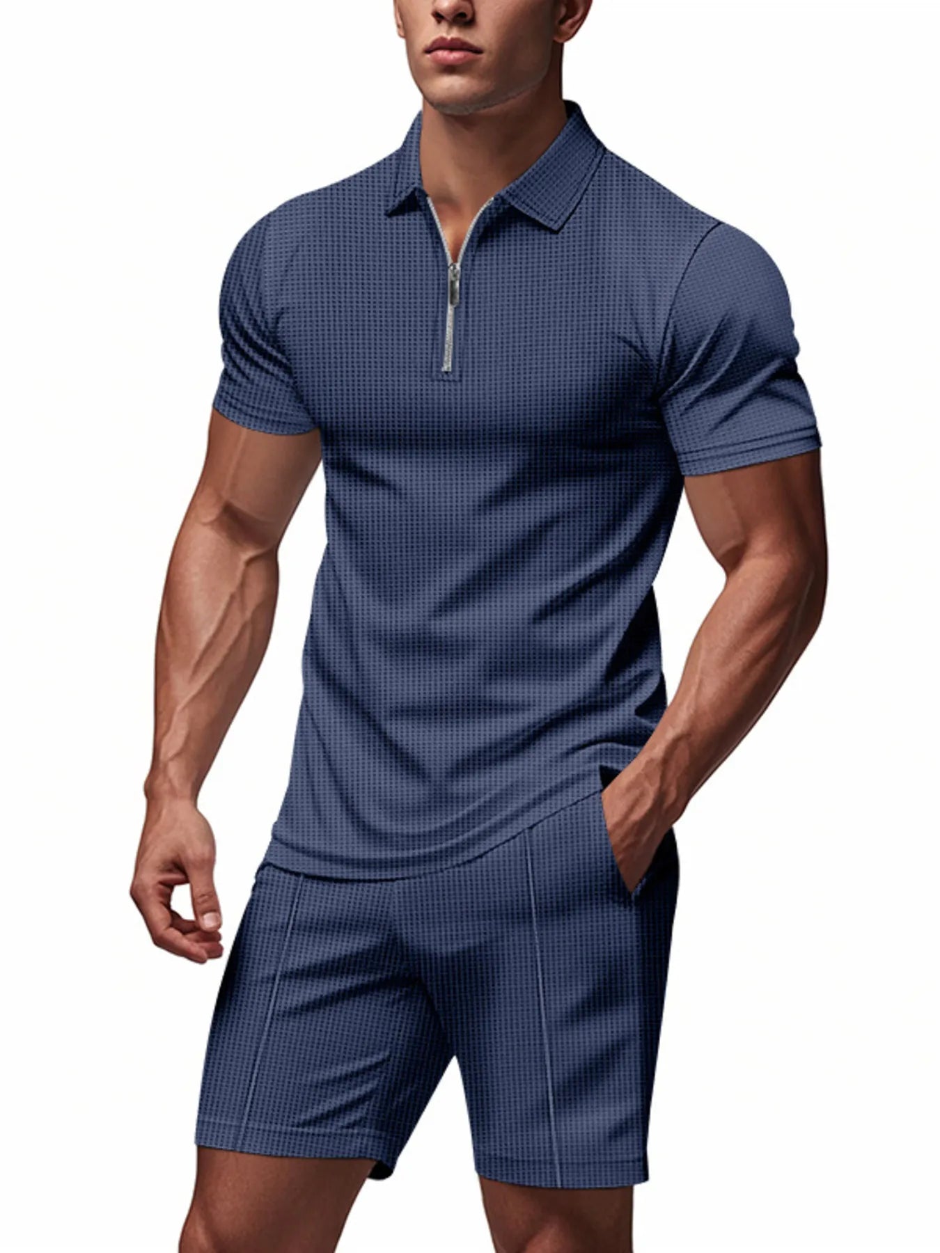 Men's Plus Size Quarter Zip Short Sleeve Top and Shorts Set Easy Apparels