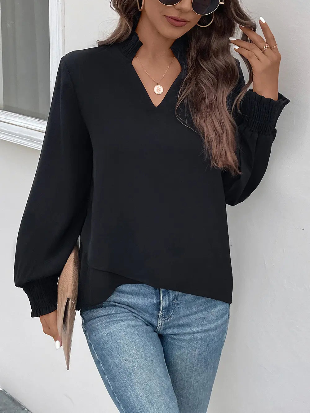 Trendsi Perfee Smocked Notched Long Sleeve Blouse