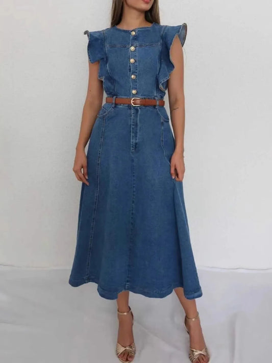 Button-Front Ruffle Sleeve Denim Midi Dress Blue Easy Apparels