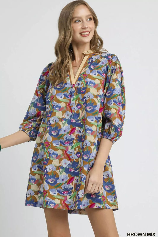 Umgee Boho Floral Balloon Sleeve Mini Dress BROWN MIX Easy Apparels
