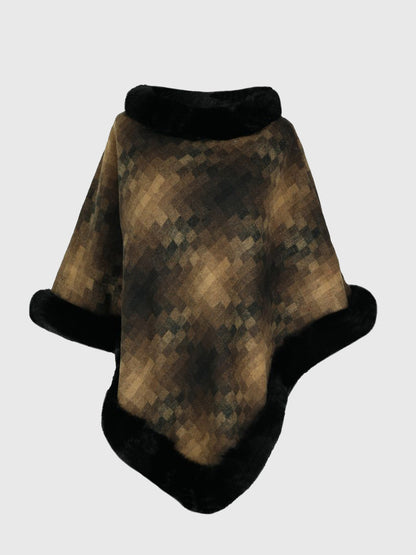 Faux Fur Trim Poncho Khaki One Size Easy Apparels
