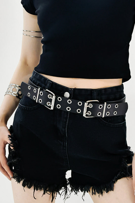 PU Leather Two Row Eyelet Belt Black One Size Easy Apparels