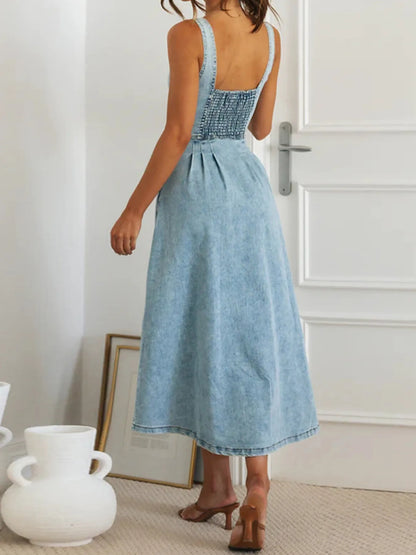 Sweetheart Neck Button-Front Midi Denim Dress Easy Apparels