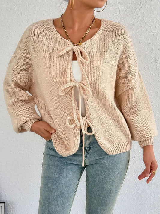 Cozy Bow-Tie Front Knit Cardigan Apricot Easy Apparels