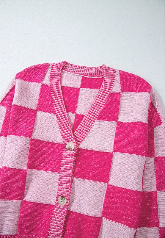 Checkered V-Neck Long Sleeve Cardigan Easy Apparels