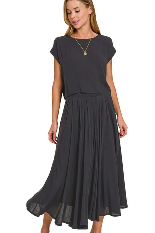 Zenana Woven Crinkle Gauze Crop Tee and Skirt Set BLACK Easy Apparels
