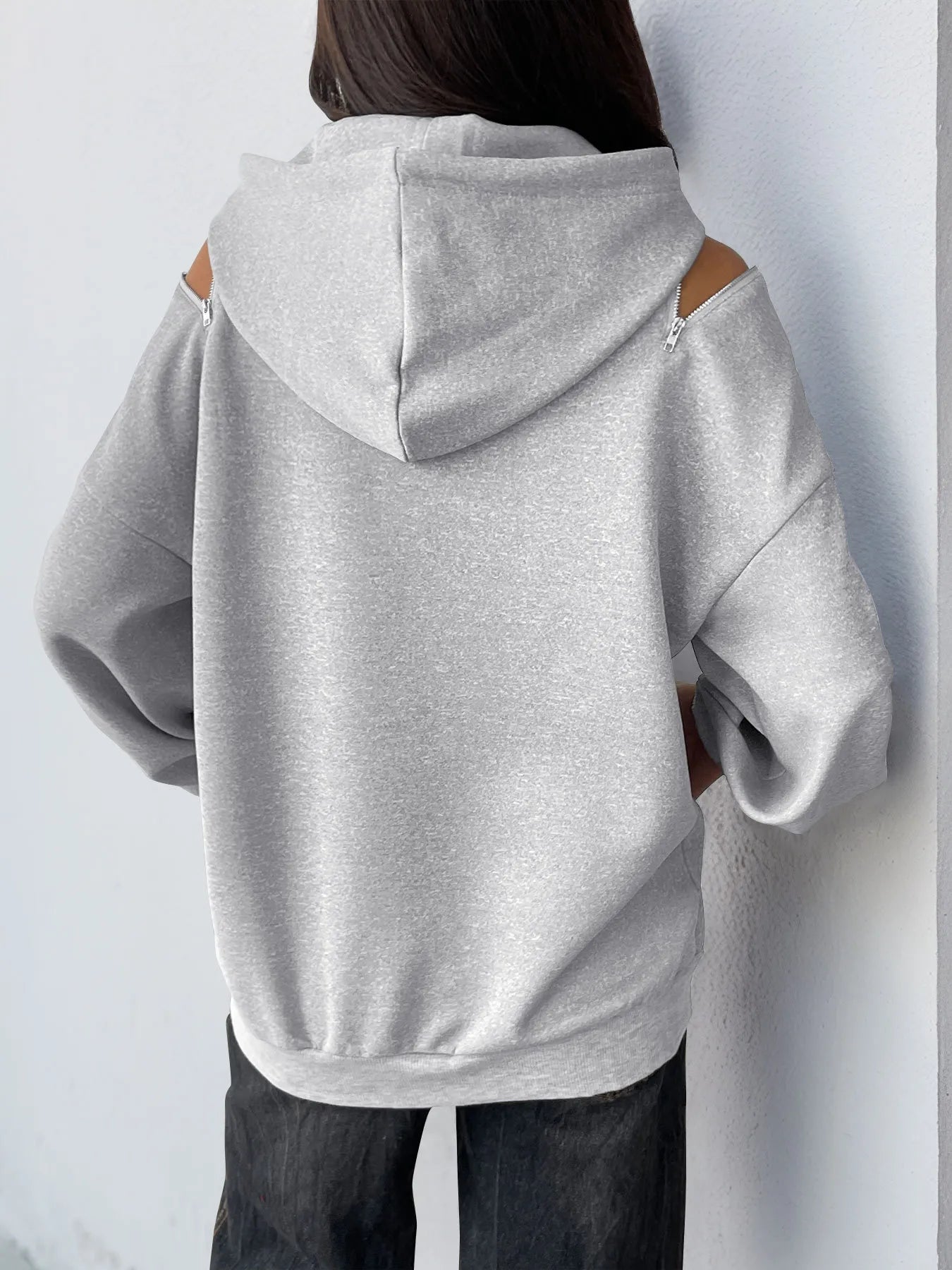 Trendsi Drawstring Zip Detail Cold Shoulder Hoodie