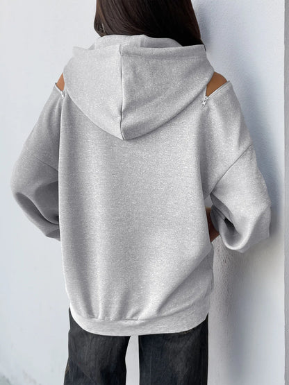 Trendsi Drawstring Zip Detail Cold Shoulder Hoodie