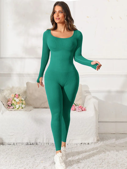 Scoop Neck Long Sleeve Active Jumpsuit Easy Apparels