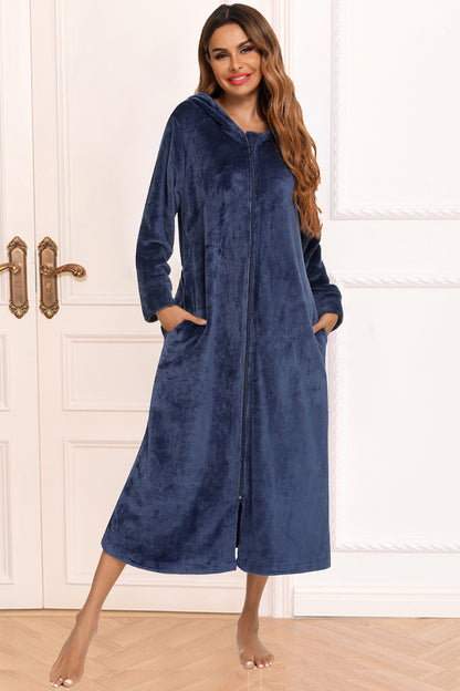 Zip Front Hooded Night Dress with Pockets Navy Easy Apparels