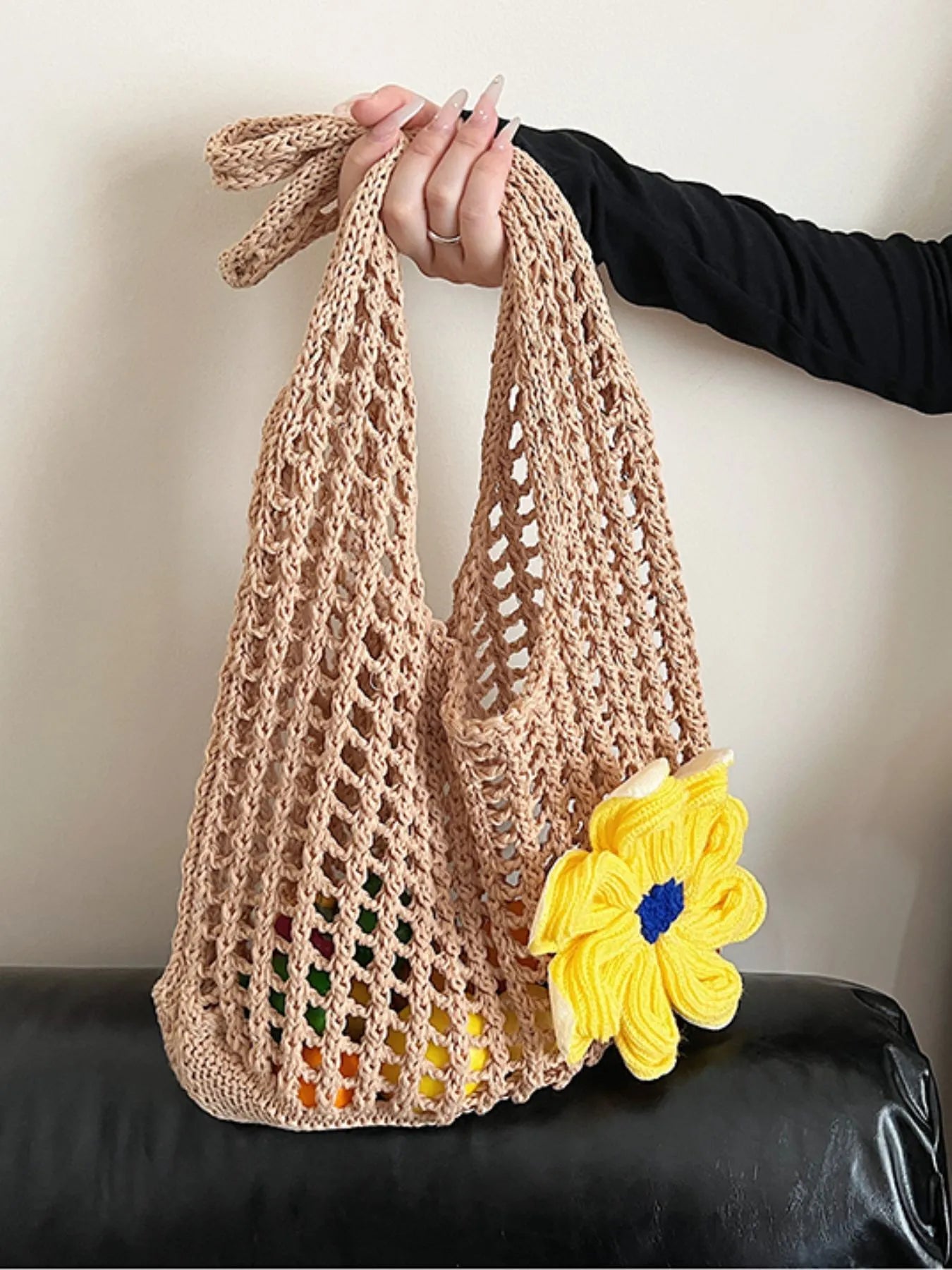 Flower Crochet Shoulder Bag Beige onesize Easy Apparels