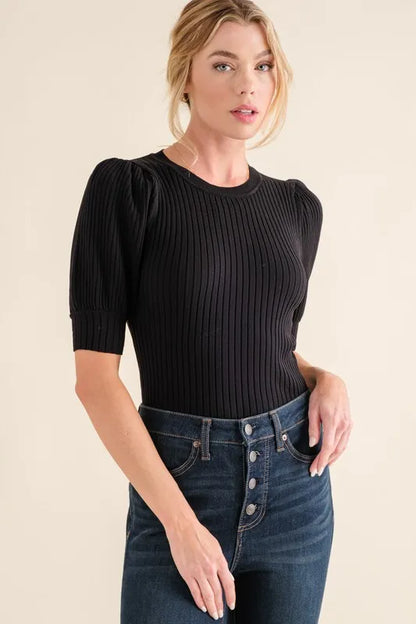 Trendsi And The Why Puffed Half Sleeve Rib Basic Bodysuit