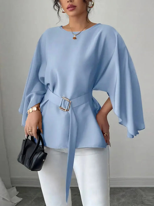 Trendsi Belted Round Neck Flutter Sleeves Blouse Light Blue