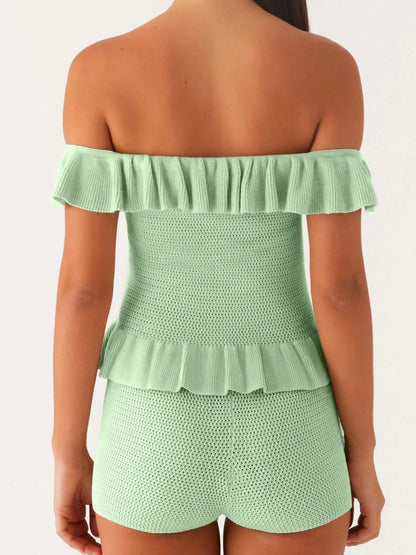 Off-Shoulder Ruffle Top and Shorts Sweater Set Easy Apparels