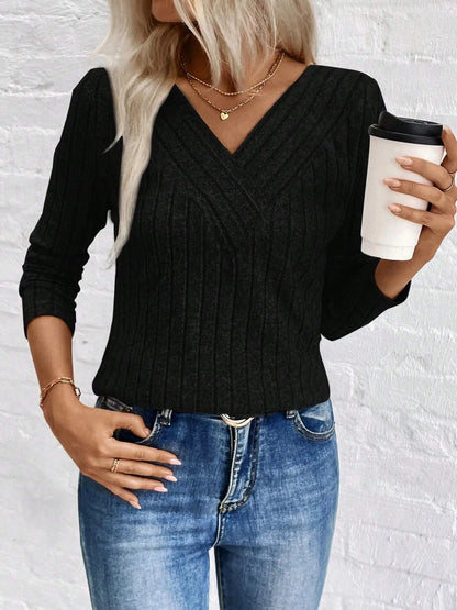 Trendsi Ribbed V-Neck Long Sleeve Knit T-Shirt Black