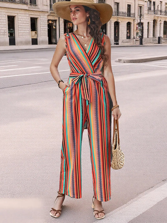 Striped Sleeveless Tie Waist Jumpsuit Orange Easy Apparels