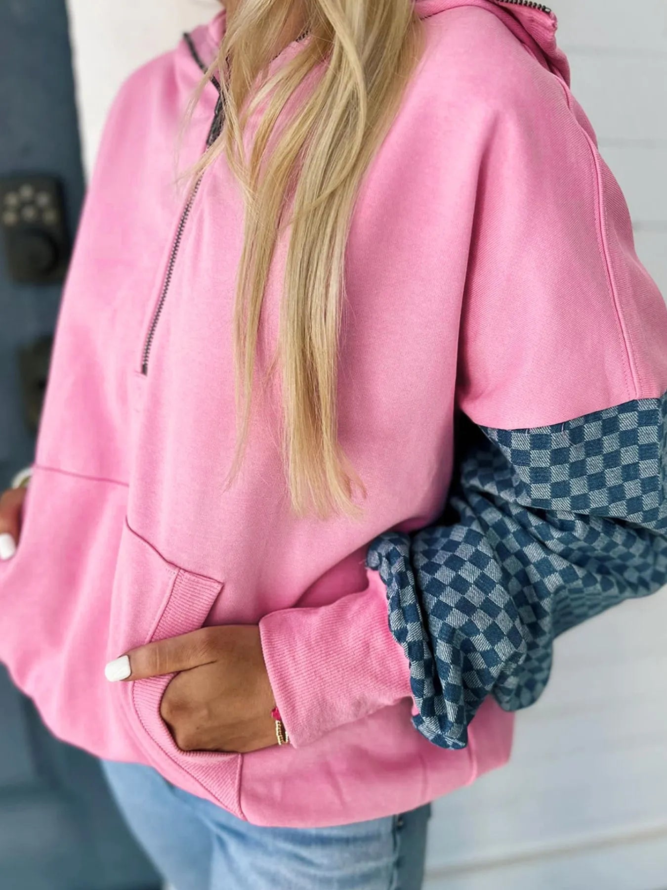 Trendsi Half Zip Checkered Sleeve Hoodie