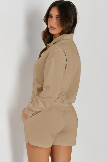 Half Button Sweatshirt and Shorts Active Set Easy Apparels