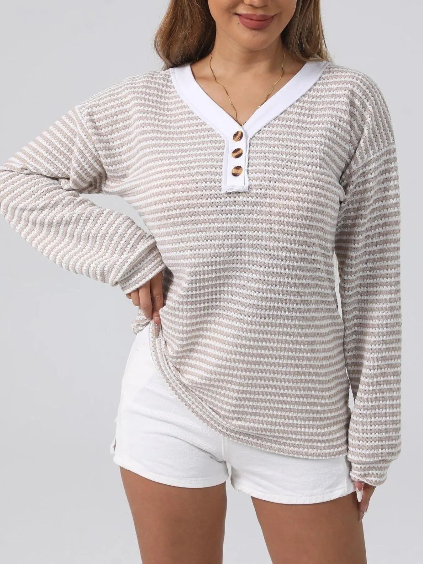 Trendsi Striped Button Detail Long Sleeve Top