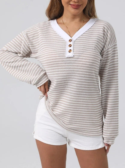 Trendsi Striped Button Detail Long Sleeve Top