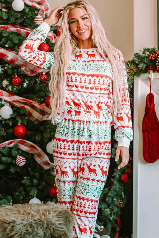 Christmas Element Round Neck Top and Pants Lounge Set White Easy Apparels