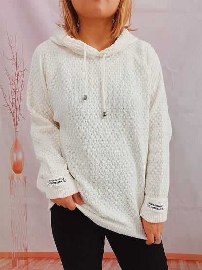 Drawstring Long Sleeve Hooded Sweater Cream One Size Easy Apparels