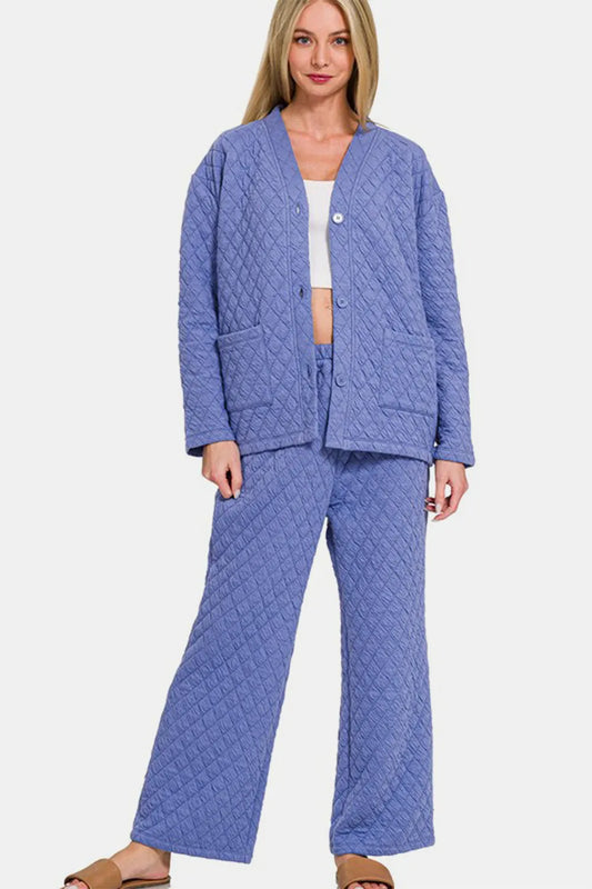 Zenana Quilted Button Up Long Sleeve Top and Pants Lounge Set Blue Purple Easy Apparels
