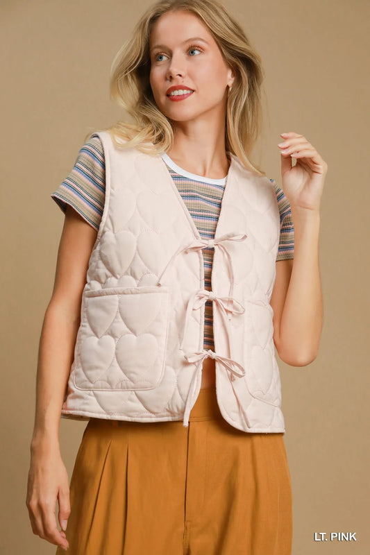 Umgee Heart Quilted Tie-Front Vest LT. PINK Easy Apparels
