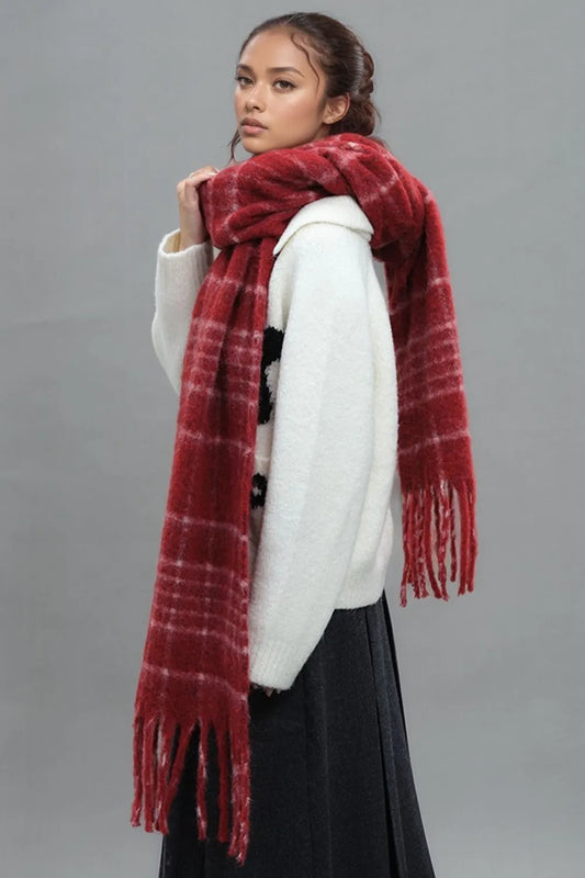 Fringe Plaid Thermal Scarf Deep Red One Size Easy Apparels