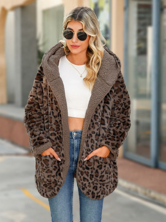 Leopard Hooded Coat with Pockets Chestnut Easy Apparels