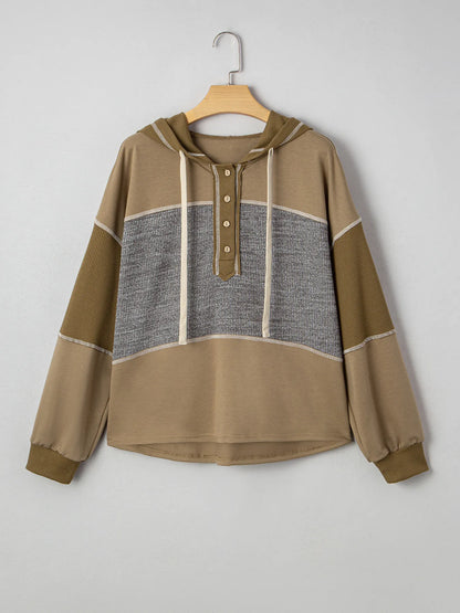 Trendsi Mixed Texture Patchwork Exposed Seam Half Button Hoodie