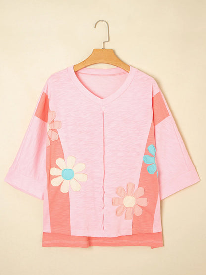 Trendsi Flower Patched Exposed Seam Oversized T Shirt