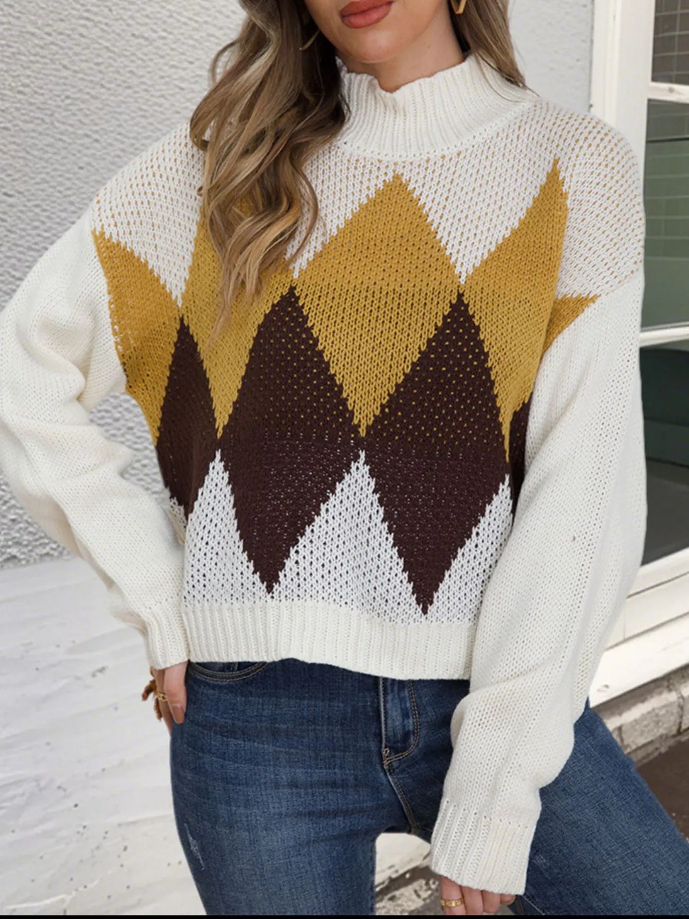 Trendsi Diamond Pattern Turtleneck Sweater