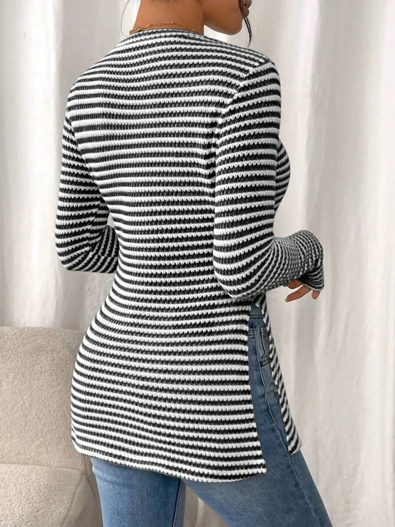 Trendsi Side Slit Striped Long Sleeve T-Shirt