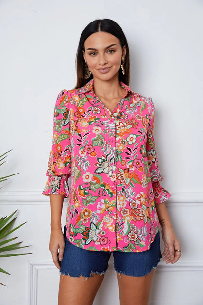 Trendsi Floral Button Up Flounce Sleeve Shirt