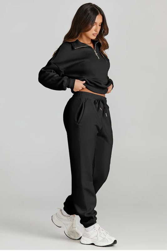 Quarter Zip Top and Drawstring Pants Active Set Black Easy Apparels