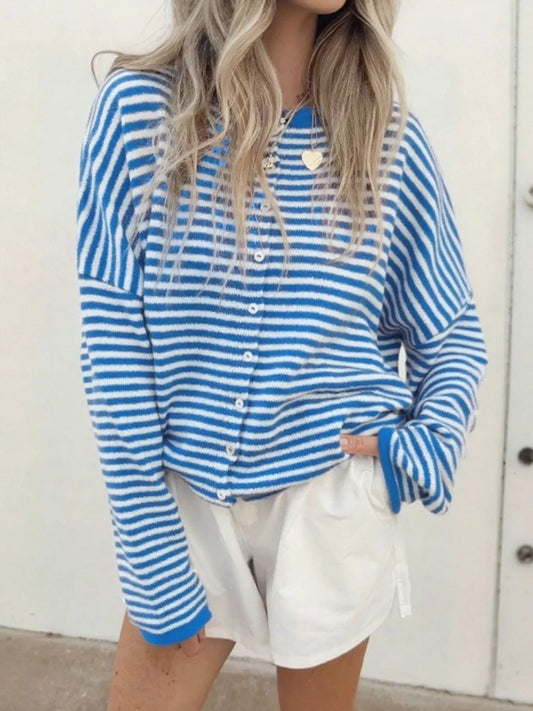 Striped Button Front Long Sleeve Cardigan Sky Blue Easy Apparels