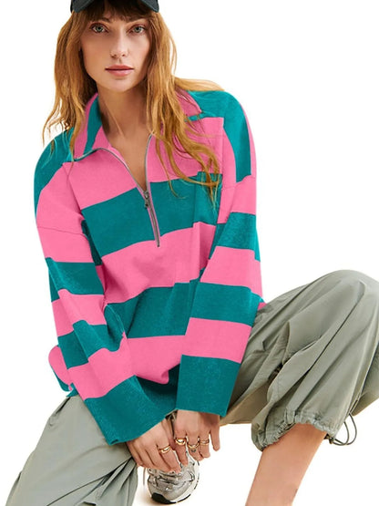 Trendsi Striped Half-Zip Oversized Sweatshirt