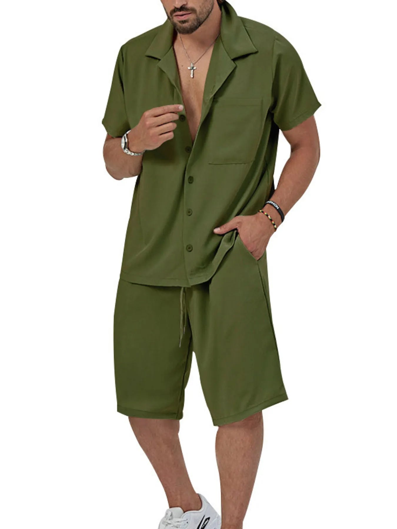 Men's Plus Size Button Up Short Sleeve Shirt and Shorts Set Military Green Easy Apparels