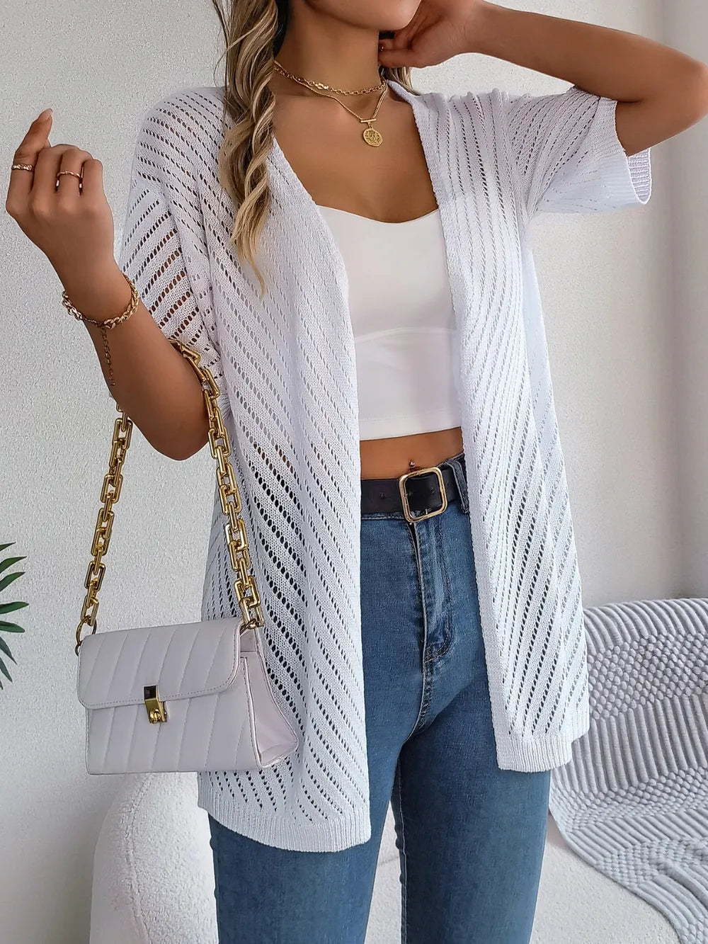 Openwork Open Front Half Sleeve Cardigan Easy Apparels