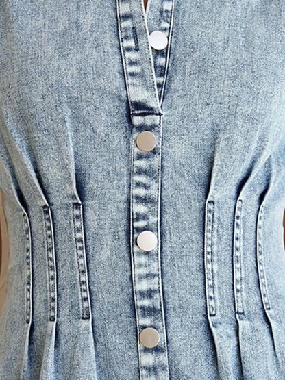 Puff Sleeve Button Front Denim Midi Dress Easy Apparels