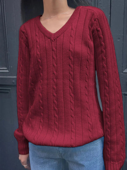 Trendsi Cable Knit V-Neck Pullover Sweater Burgundy