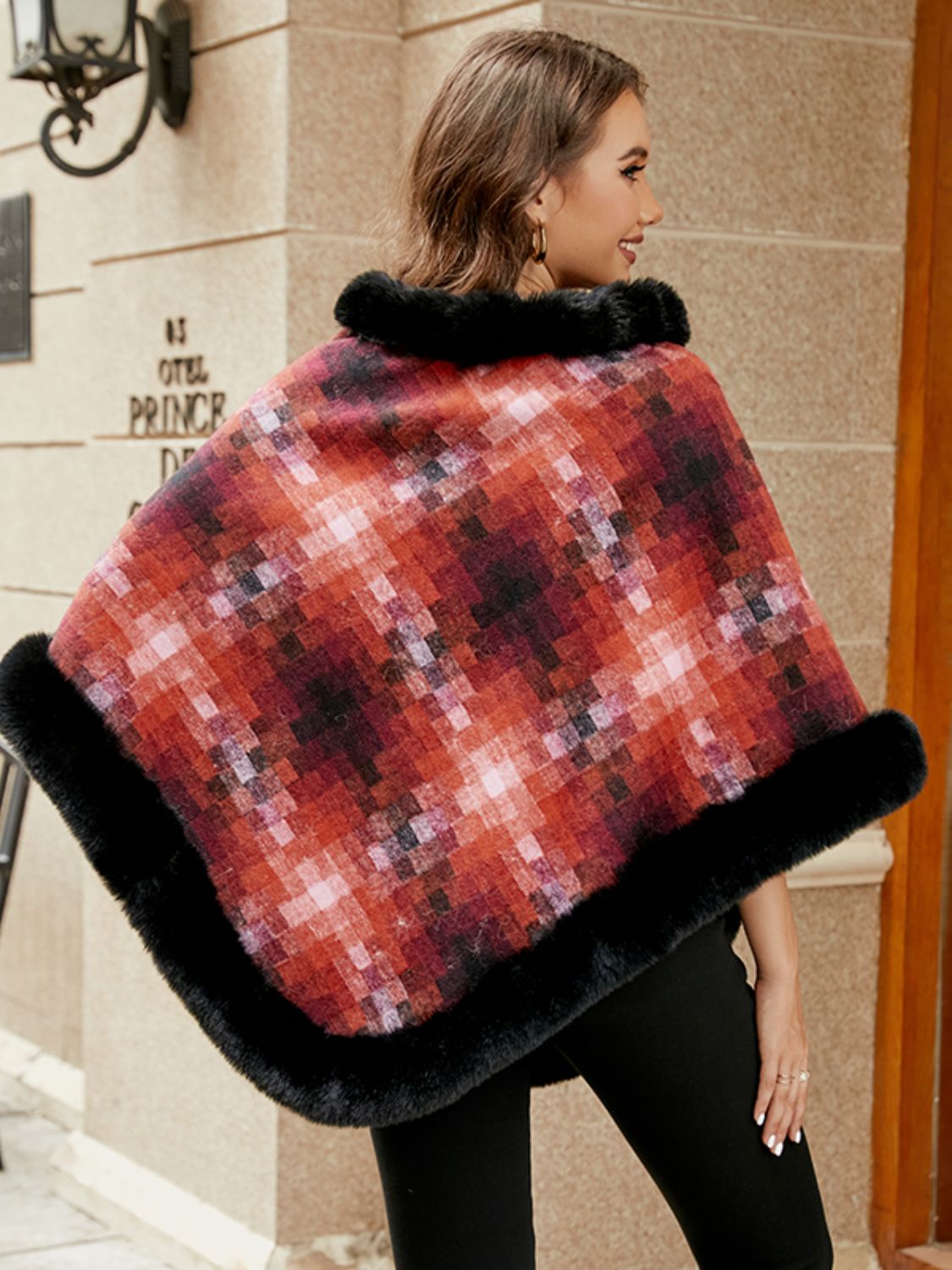Faux Fur Trim Poncho Easy Apparels