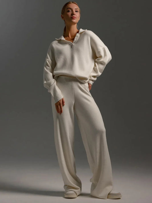 Johnny Collar Long Sleeve Top and Pants Sweater Set Cream One Size Easy Apparels