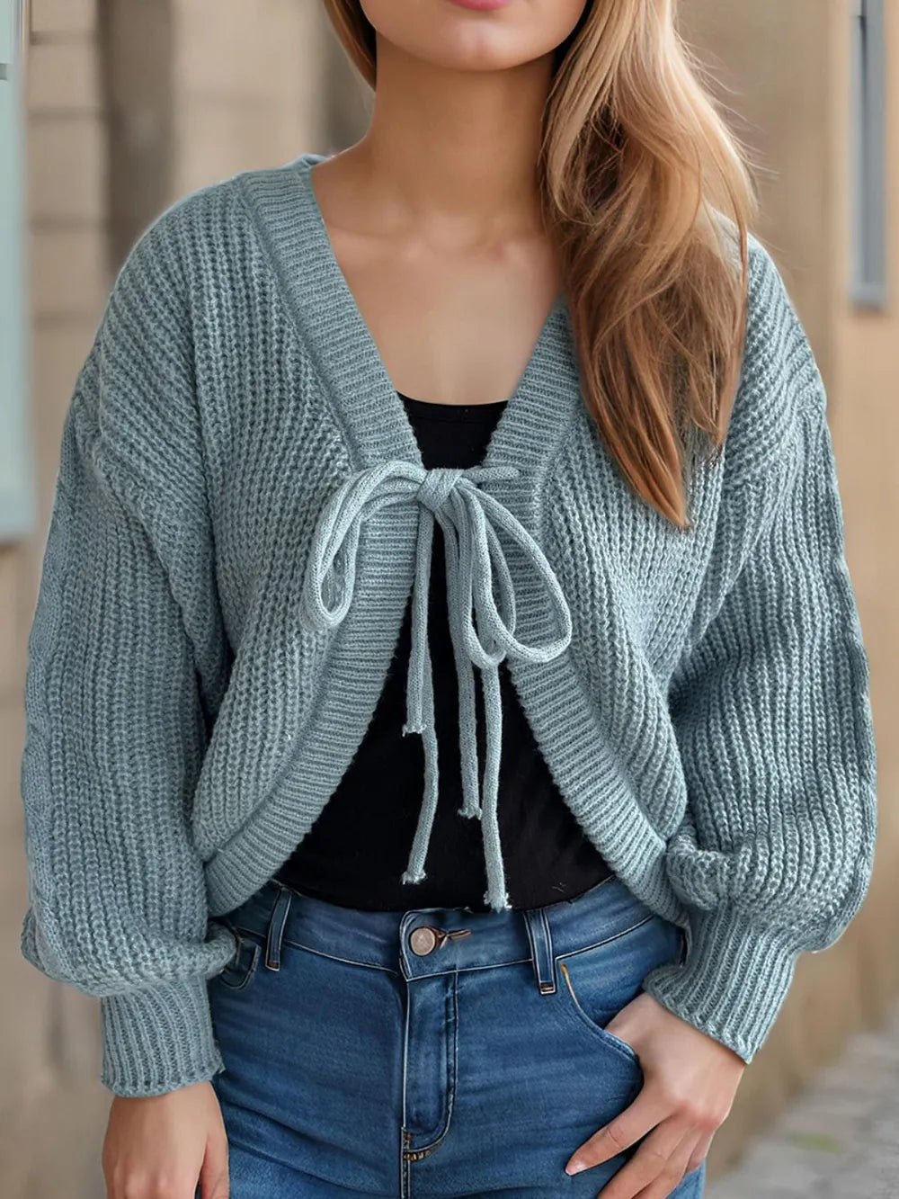 Tied Dropped Shoulder Long Sleeve Cardigan Easy Apparels