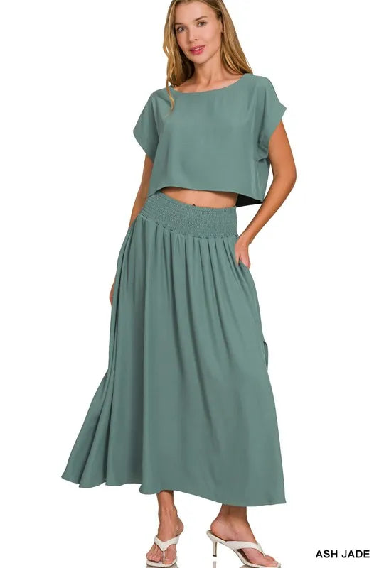 Zenana Heavy Woven Span Crop Tee & Skirt Set ASH JADE Easy Apparels