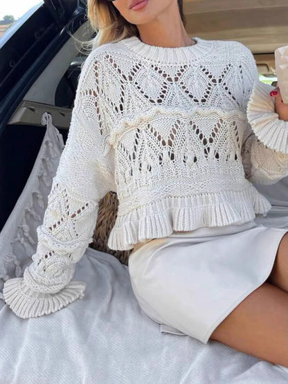 Trendsi Crochet Ruffled Hem Long Sleeve Sweater