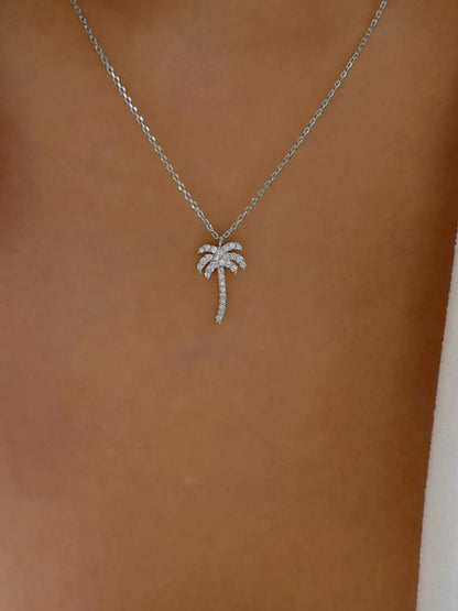 Zircon Palm Tree Pendant Necklace Silver One Size Easy Apparels